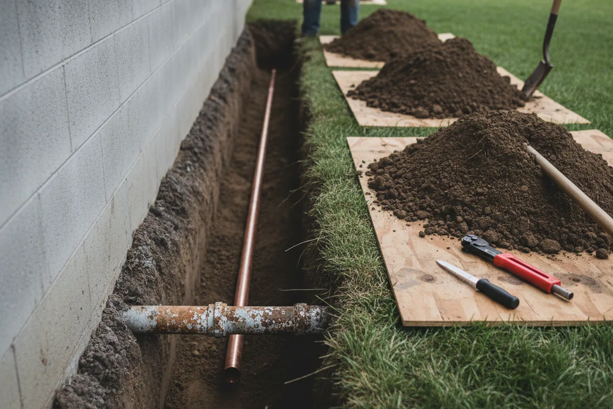 Excavated water line trench during Water Heater Repair in Chino